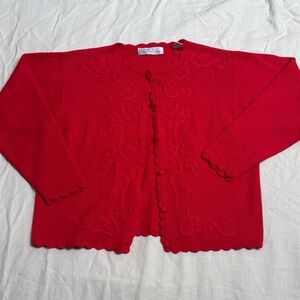 Vintage Karen Scott Hand Embroidered Acrylic + Wool Red Cardigan, Size Medium